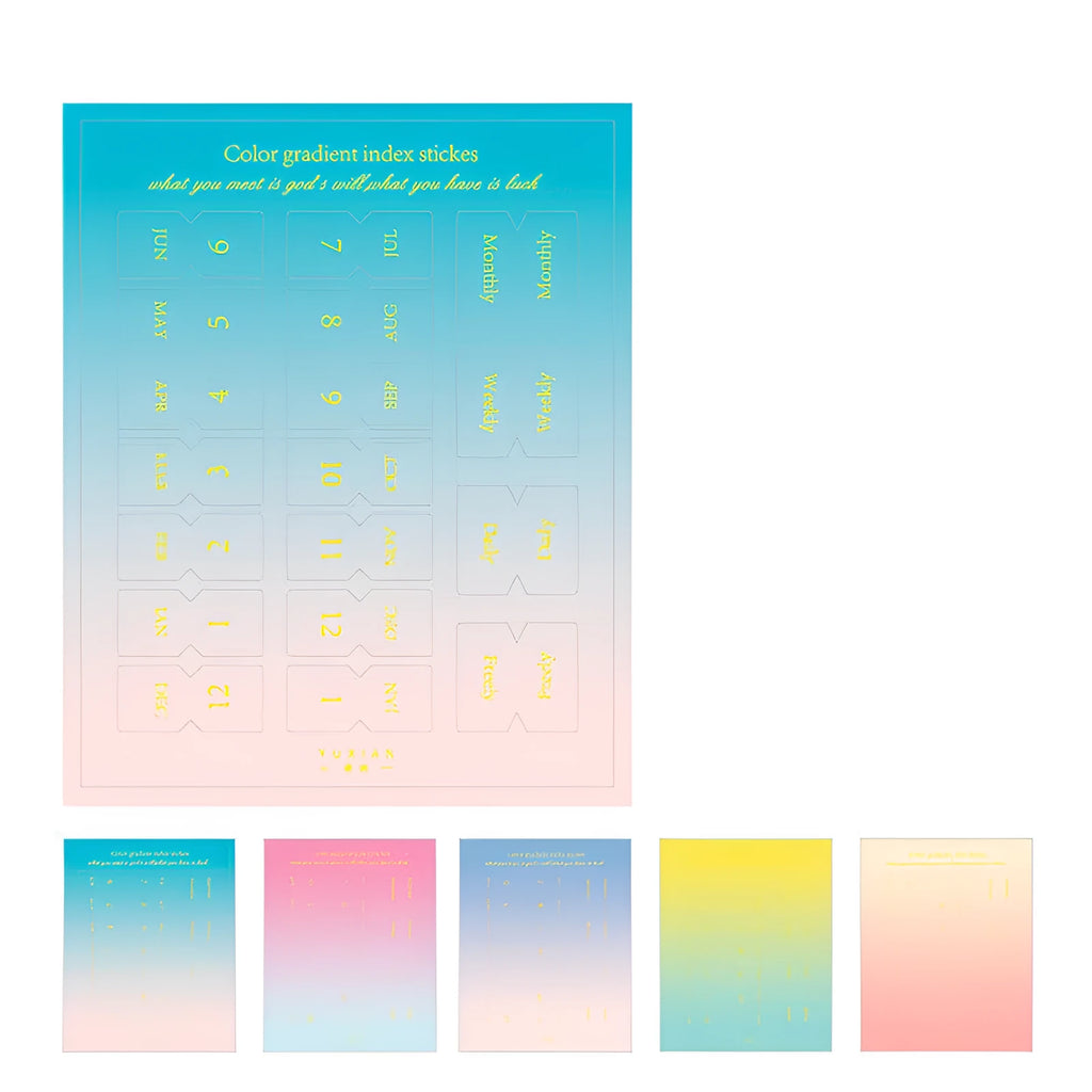 Yunmu Groceries Symphony gradient Morandi label sticker set showing 10 sheets in Elegant, Jazz, Neon, or Summer colours