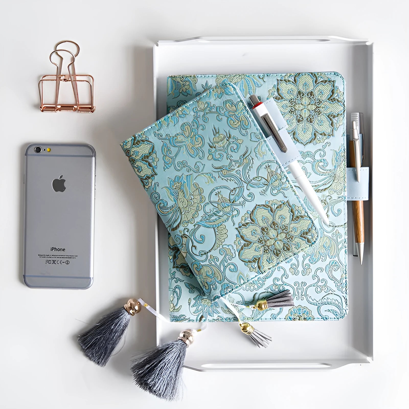 Blue floral fabric cover notebook shown in A5 and A6 sizes with core option selection