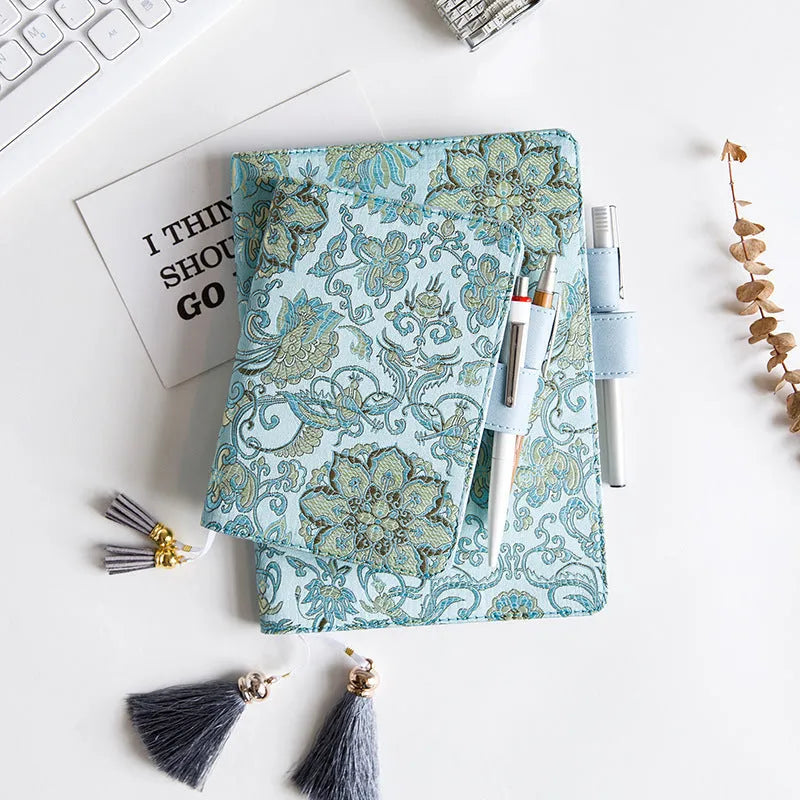 Blue floral fabric cover notebook shown in A5 and A6 sizes with core option selection