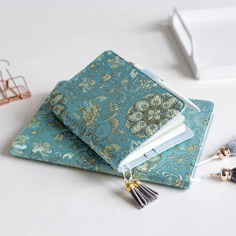 Blue floral fabric cover notebook shown in A5 and A6 sizes with core option selection