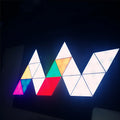 Six white triangle modular LED panels with RGB light, 15cm x 13cm x 2.8cm, free splicing design, APP controller and stickers