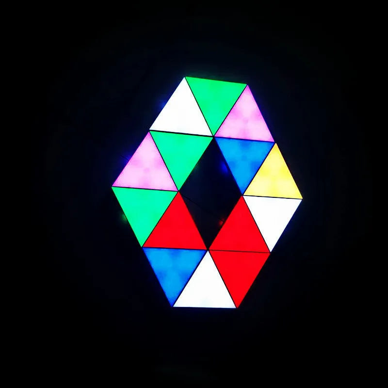 Six white triangle modular LED panels with RGB light, 15cm x 13cm x 2.8cm, free splicing design, APP controller and stickers