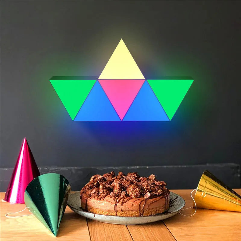 Six white triangle modular LED panels with RGB light, 15cm x 13cm x 2.8cm, free splicing design, APP controller and stickers