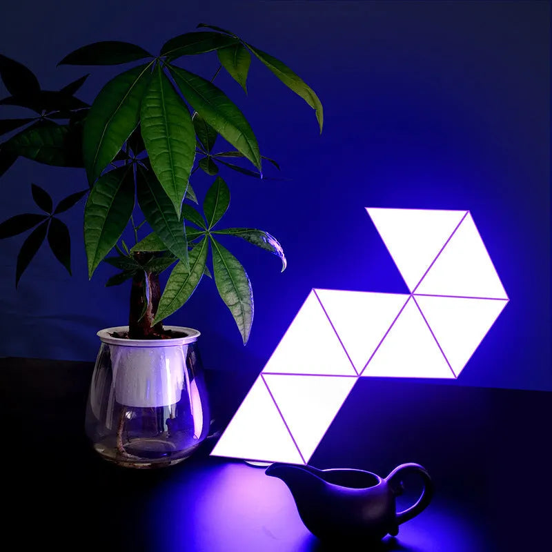 Six white triangle modular LED panels with RGB light, 15cm x 13cm x 2.8cm, free splicing design, APP controller and stickers