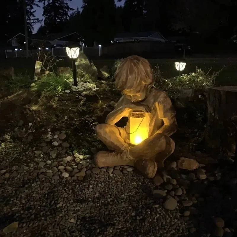 Brown natural resin tabletop statue of little boy figure for garden decoration