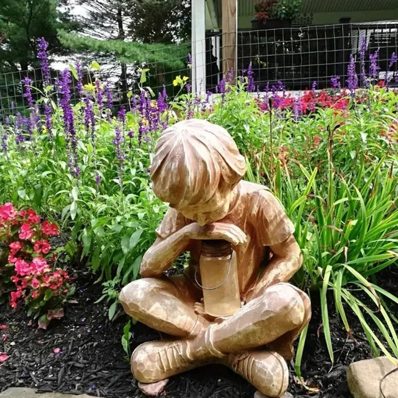 Brown natural resin tabletop statue of little boy figure for garden decoration