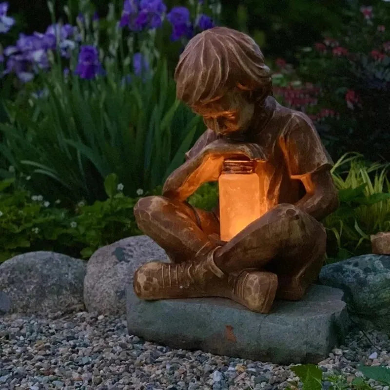 Brown natural resin tabletop statue of little boy figure for garden decoration