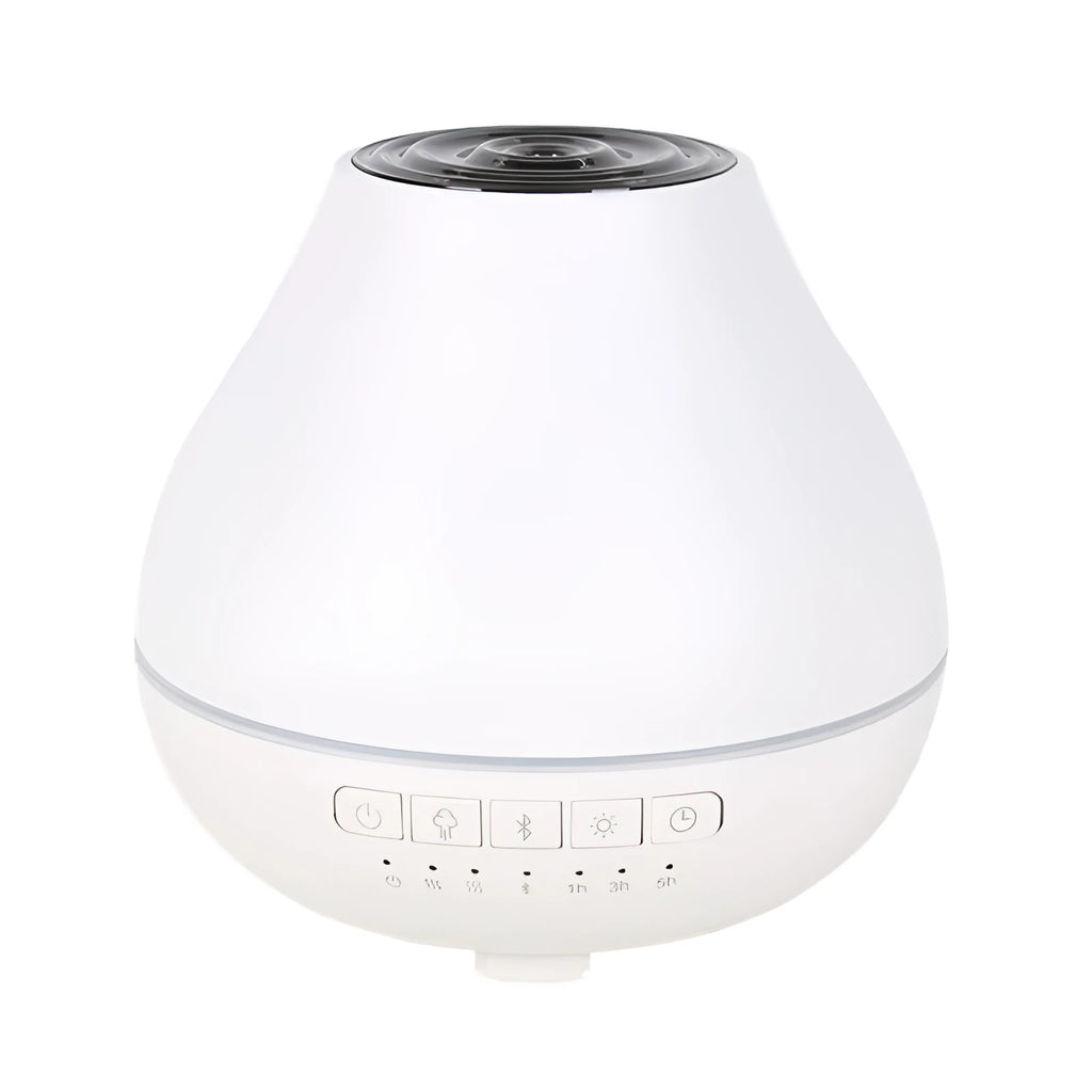 White round Bluetooth aroma diffuser and humidifier with night light on a wooden table