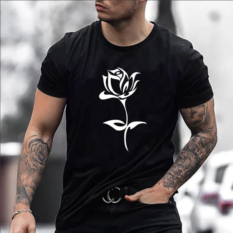 Men's black cotton T-shirt with large rose print on front, loose fit, short sleeves, round neck