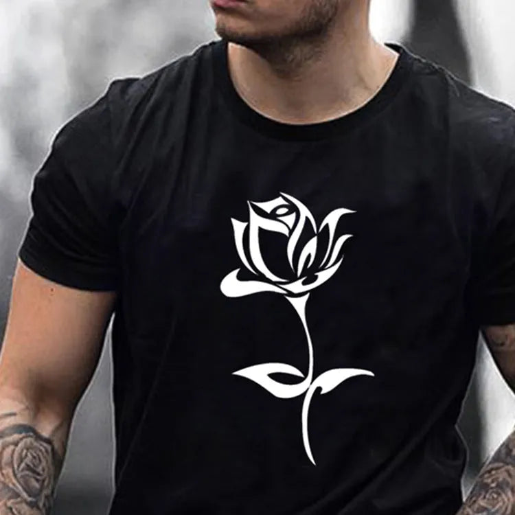 Men's black cotton T-shirt with large rose print on front, loose fit, short sleeves, round neck