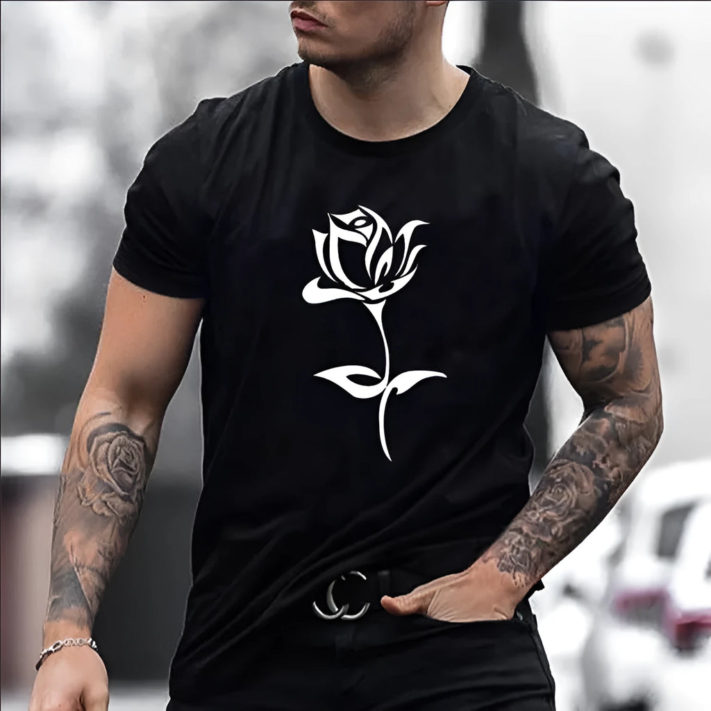 Men's black cotton T-shirt with large rose print on front, loose fit, short sleeves, round neck