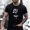 Men's black cotton T-shirt with large rose print on front, loose fit, short sleeves, round neck