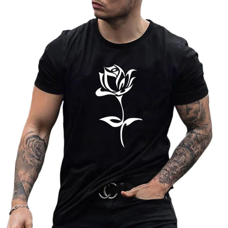 Men's black cotton T-shirt with large rose print on front, loose fit, short sleeves, round neck
