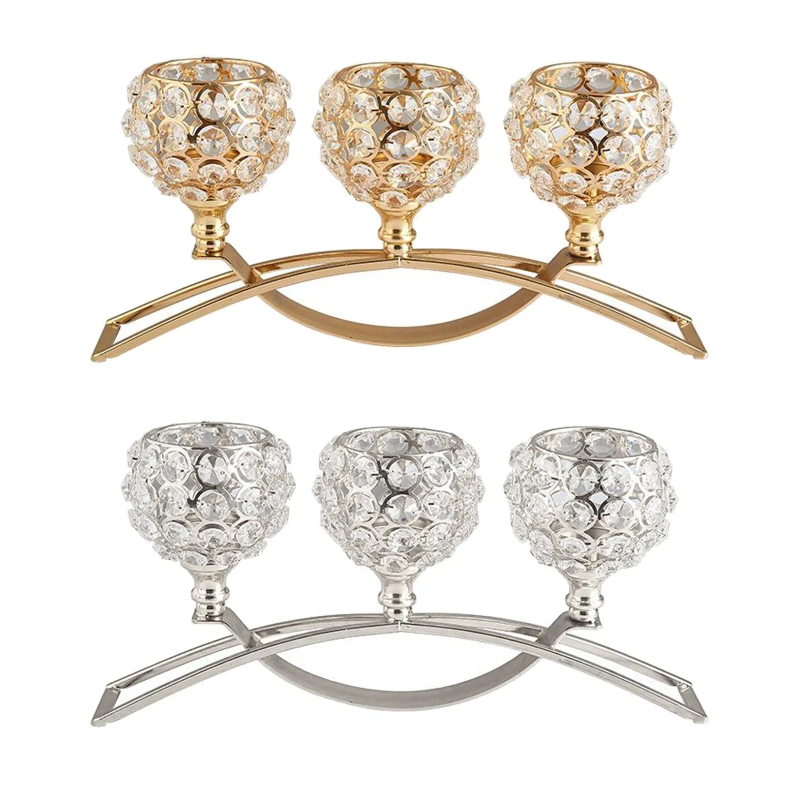 Gold crystal candle holder with geometric wrought iron frame on a table surface