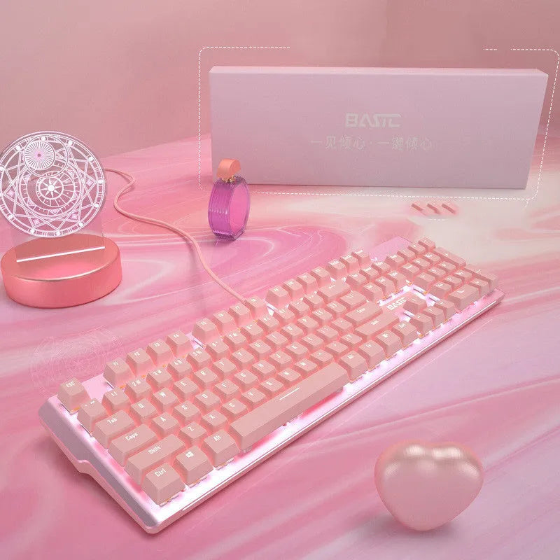 Pink wired mechanical keyboard and matching mouse set for PC desktop gaming.