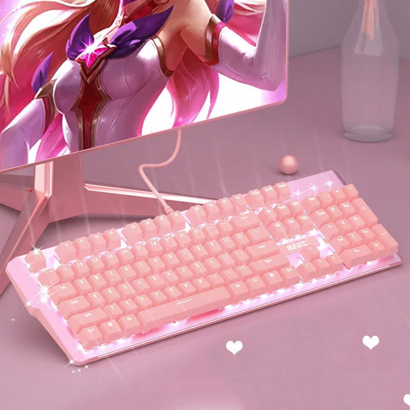 Pink wired mechanical keyboard and matching mouse set for PC desktop gaming.