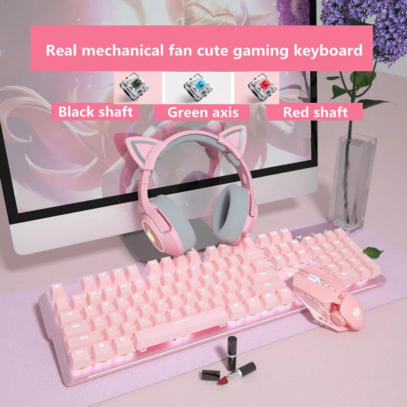 Pink wired mechanical keyboard and matching mouse set for PC desktop gaming.