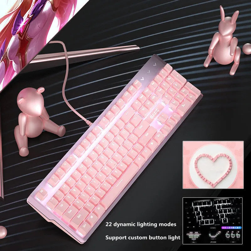 Pink wired mechanical keyboard and matching mouse set for PC desktop gaming.