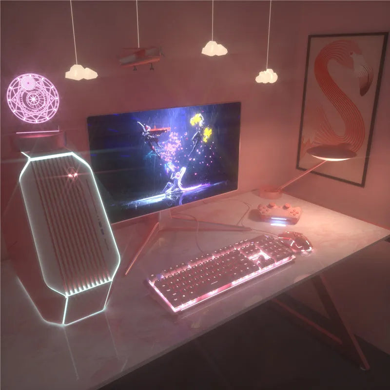 Pink wired mechanical keyboard and matching mouse set for PC desktop gaming.