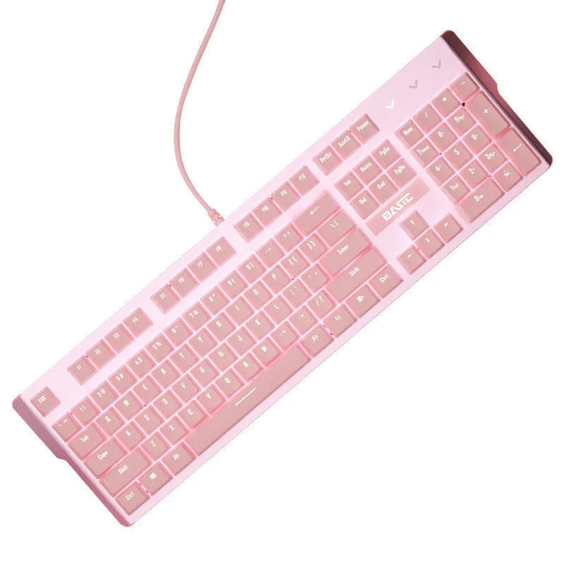 Pink wired mechanical keyboard and matching mouse set for PC desktop gaming.