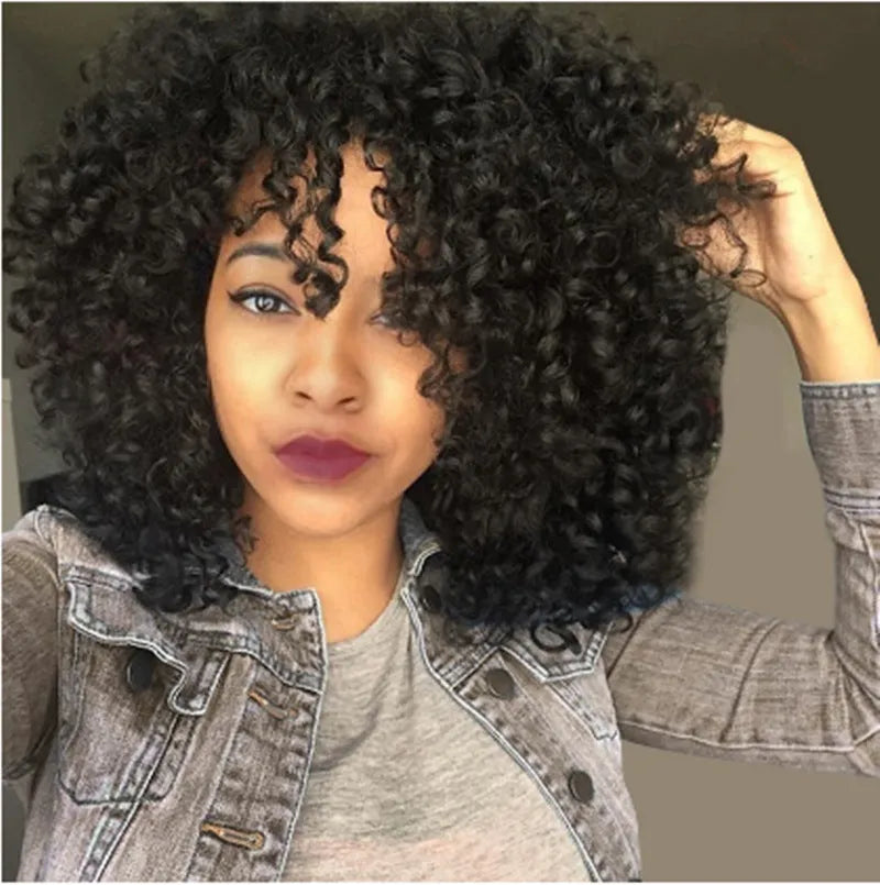Black short curly wig with long bangs and fluffy small curls, high temperature wire synthetic wig for women