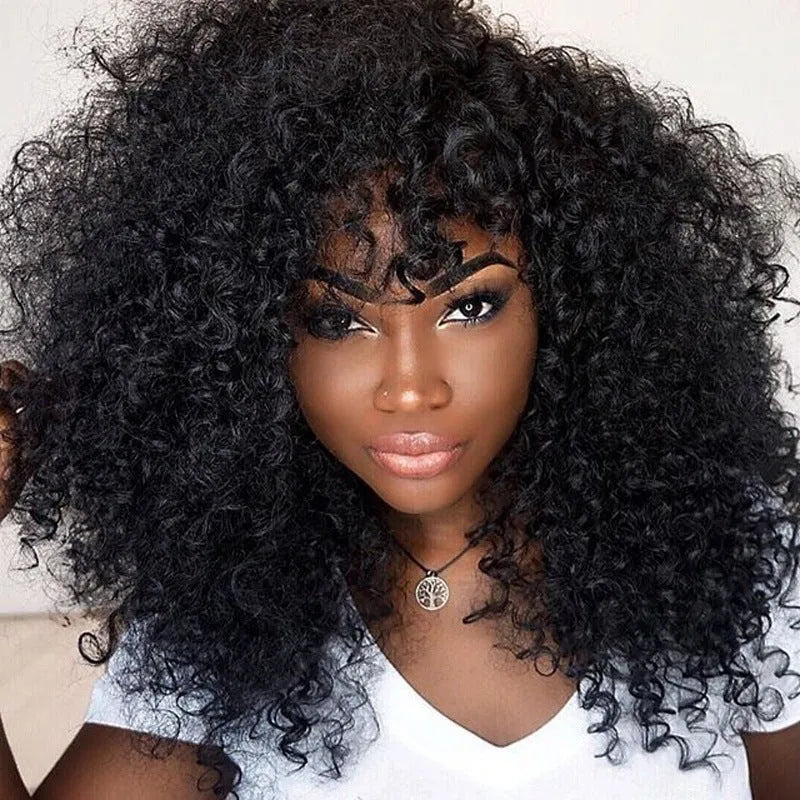 Black short curly wig with long bangs and fluffy small curls, high temperature wire synthetic wig for women