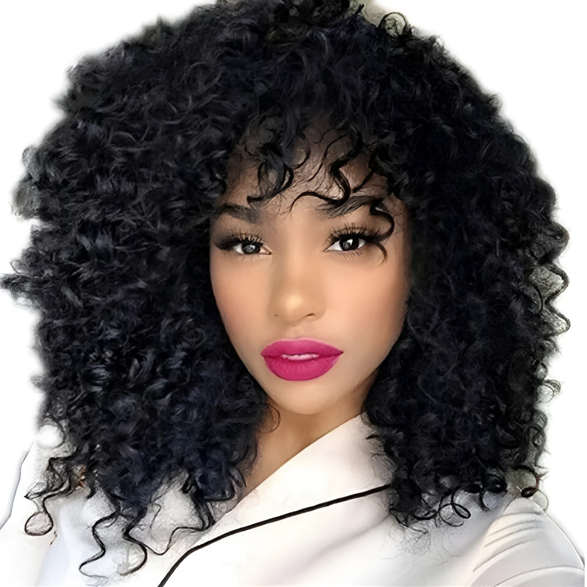 Black short curly wig with long bangs and fluffy small curls, high temperature wire synthetic wig for women