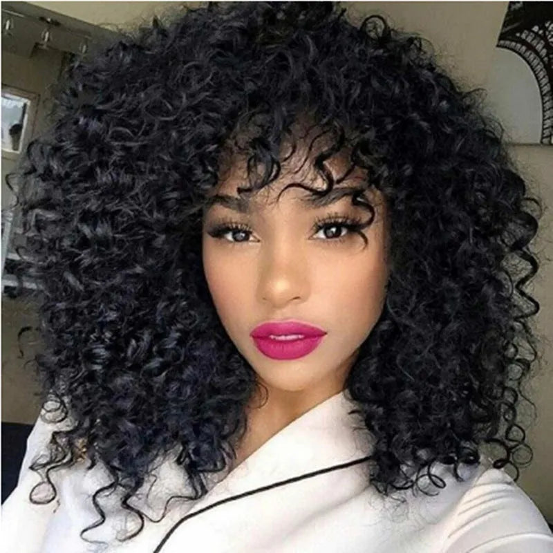 Black short curly wig with long bangs and fluffy small curls, high temperature wire synthetic wig for women