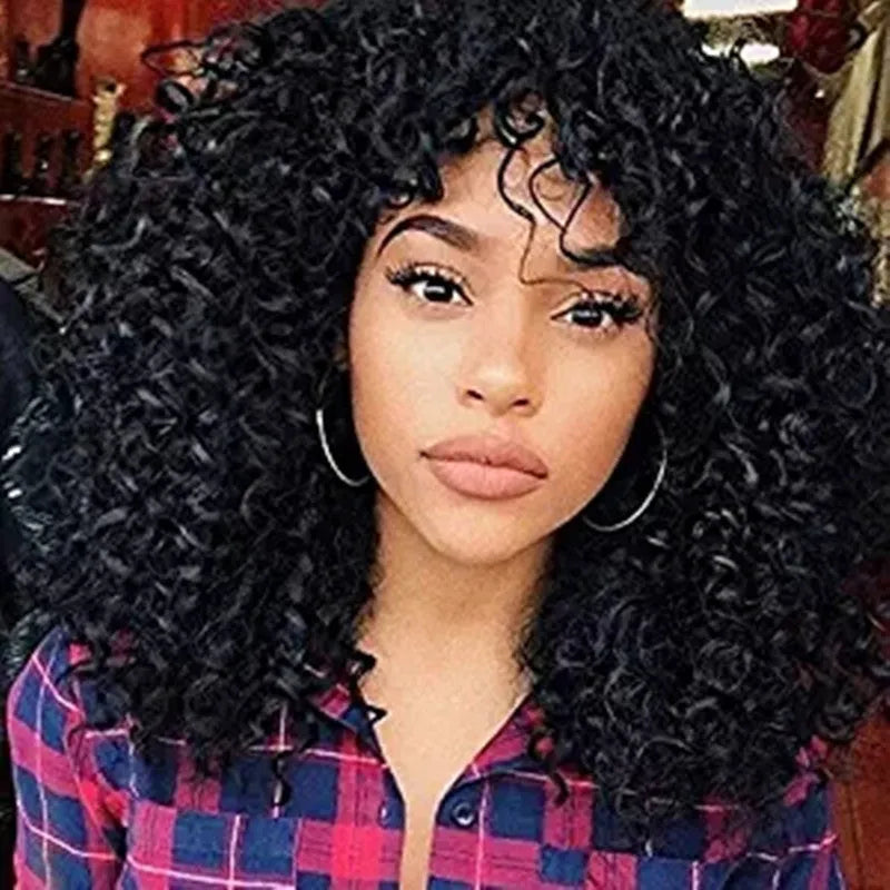 Black short curly wig with long bangs and fluffy small curls, high temperature wire synthetic wig for women