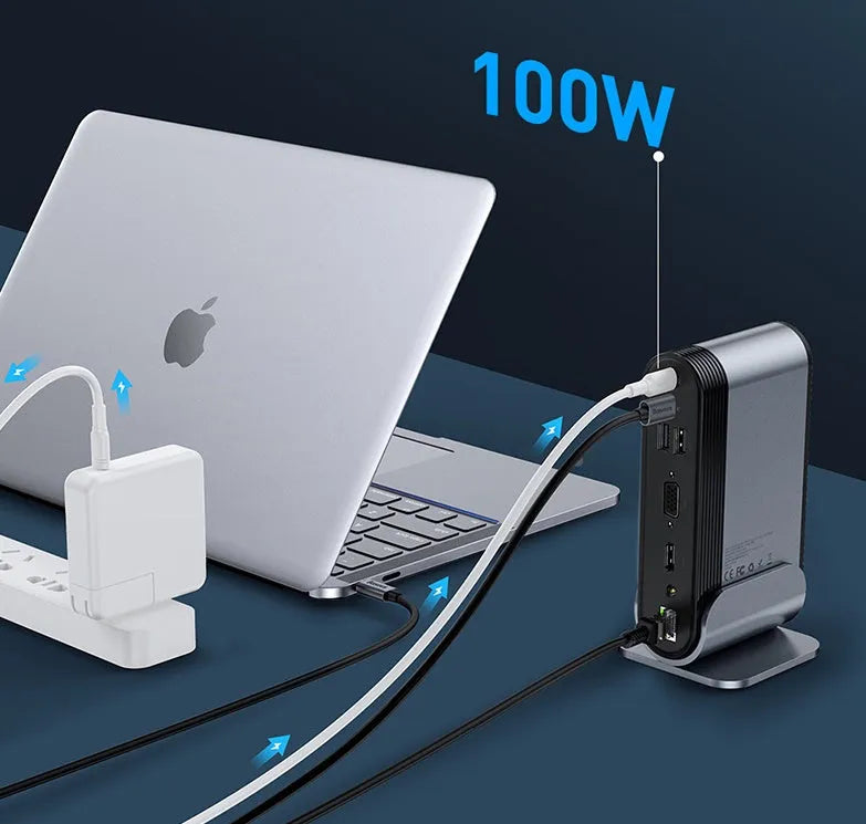 Deep space grey 16-in-1 USB-C docking station and power supply on a desk.