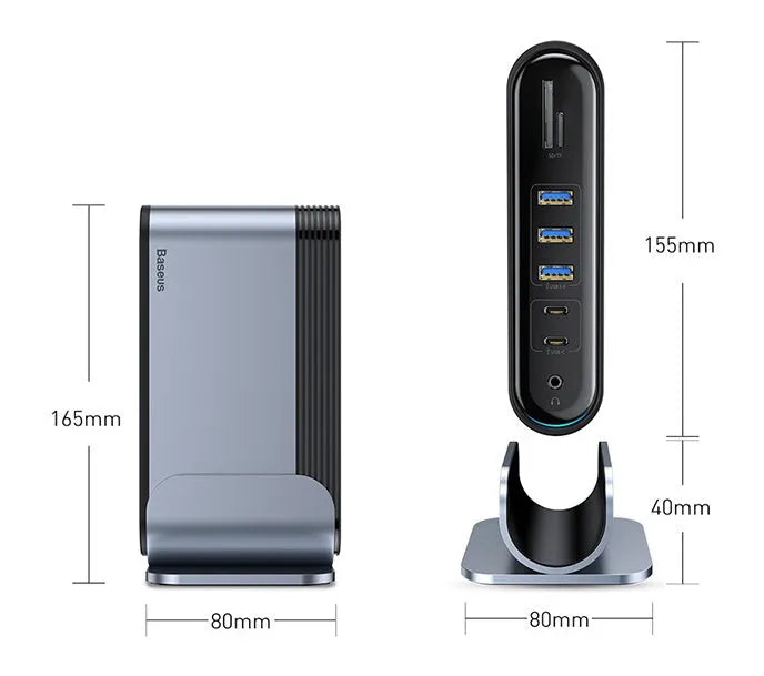 Deep space grey 16-in-1 USB-C docking station and power supply on a desk.