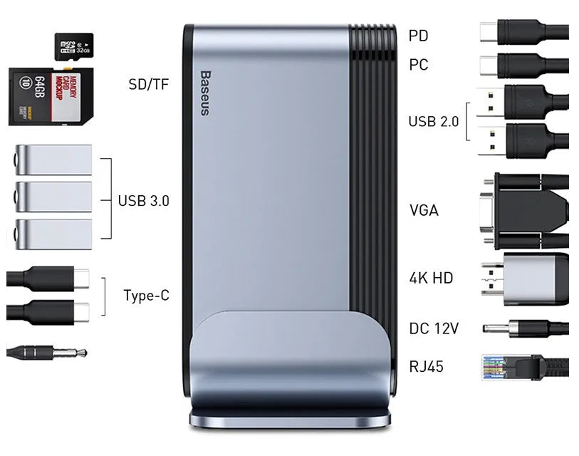 Deep space grey 16-in-1 USB-C docking station and power supply on a desk.