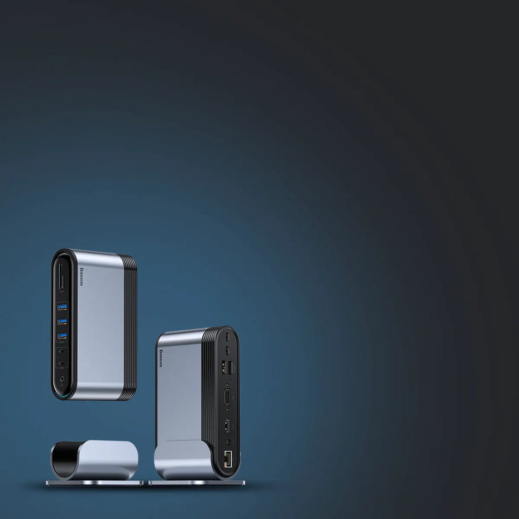 Deep space grey 16-in-1 USB-C docking station and power supply on a desk.