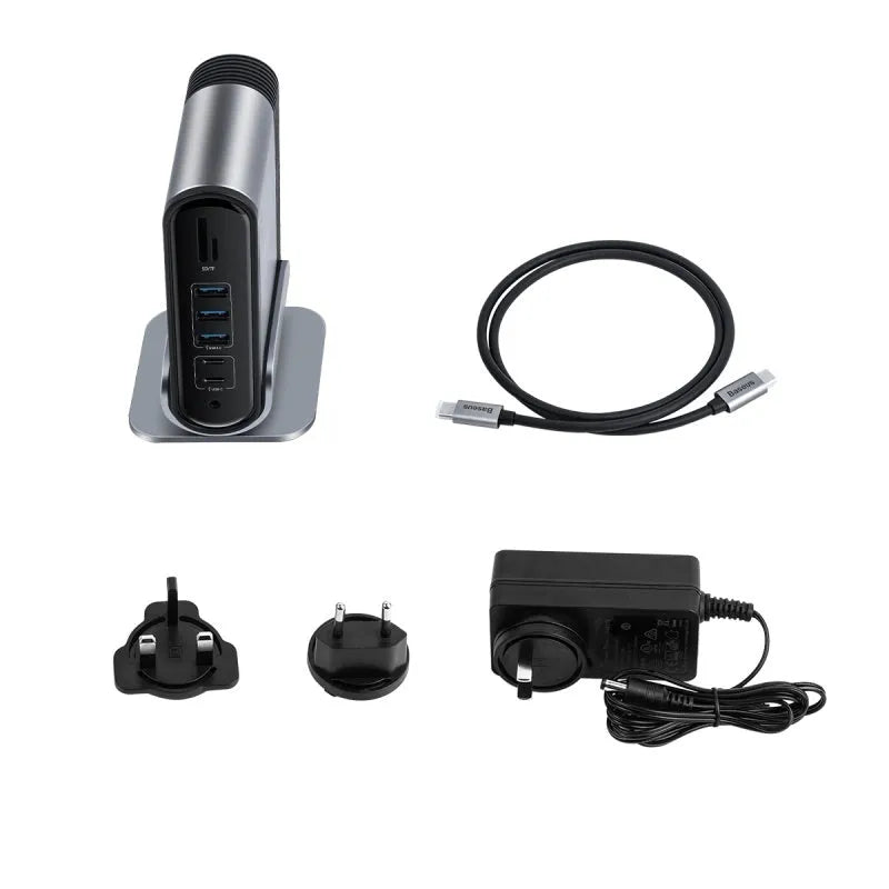 Deep space grey 16-in-1 USB-C docking station and power supply on a desk.