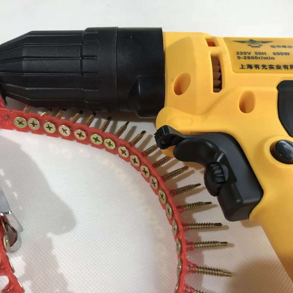Yellow rechargeable handheld chain nail machine with automatic screw feed for wood and board