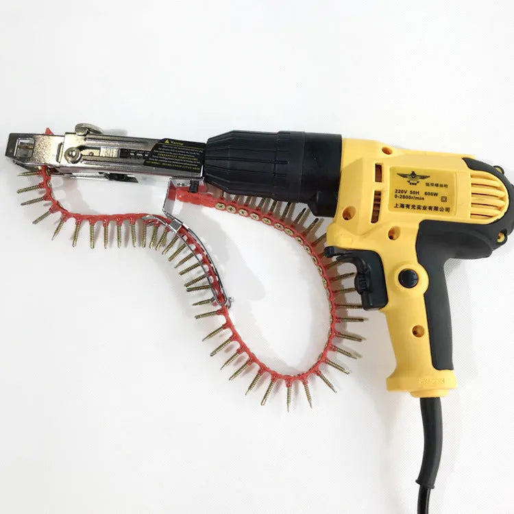 Yellow rechargeable handheld chain nail machine with automatic screw feed for wood and board