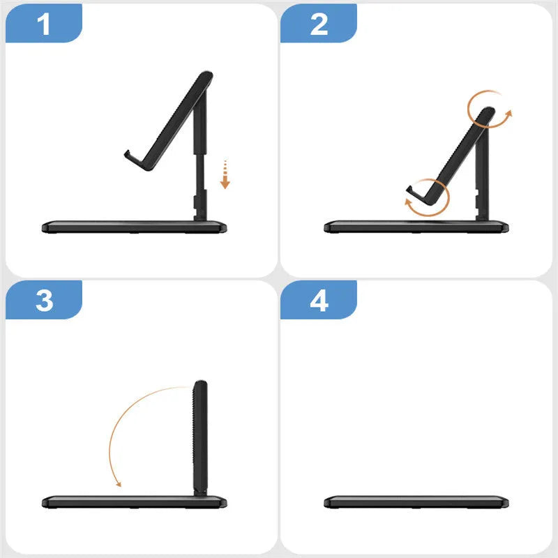Retractable lazy folding mobile phone stand in an adjustable position, shown in multiple colours.