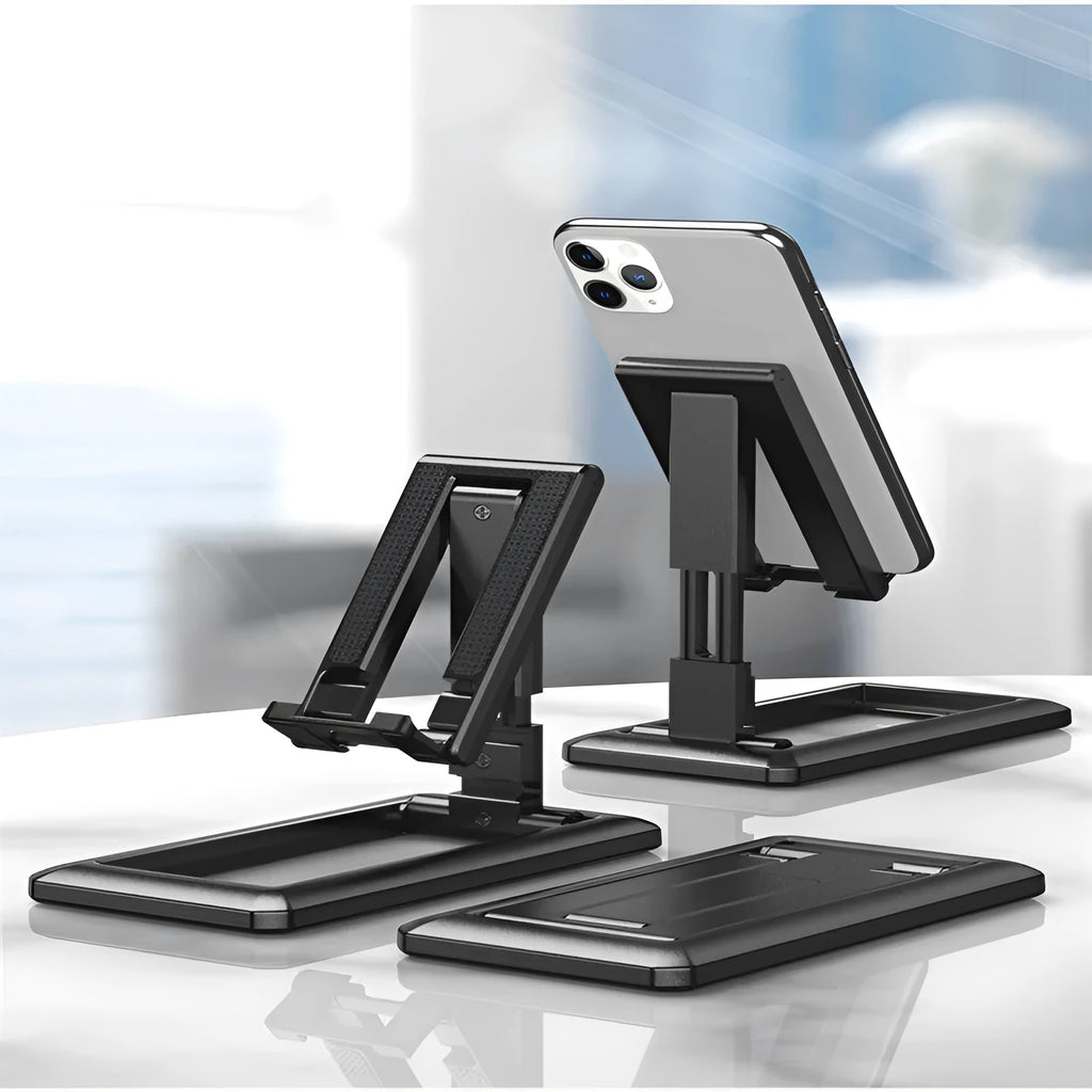 Retractable lazy folding mobile phone stand in an adjustable position, shown in multiple colours.