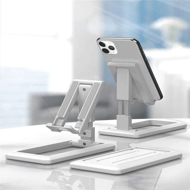 Retractable lazy folding mobile phone stand in an adjustable position, shown in multiple colours.
