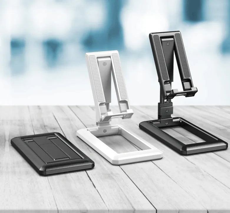 Retractable lazy folding mobile phone stand in an adjustable position, shown in multiple colours.