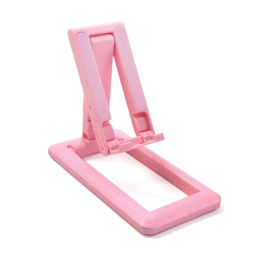 Retractable lazy folding mobile phone stand in an adjustable position, shown in multiple colours.