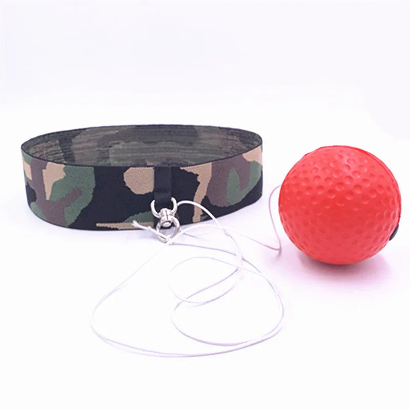 Portable boxing speed training ball with PU headband, shown in red, black, yellow tennis, and rubber ball options.