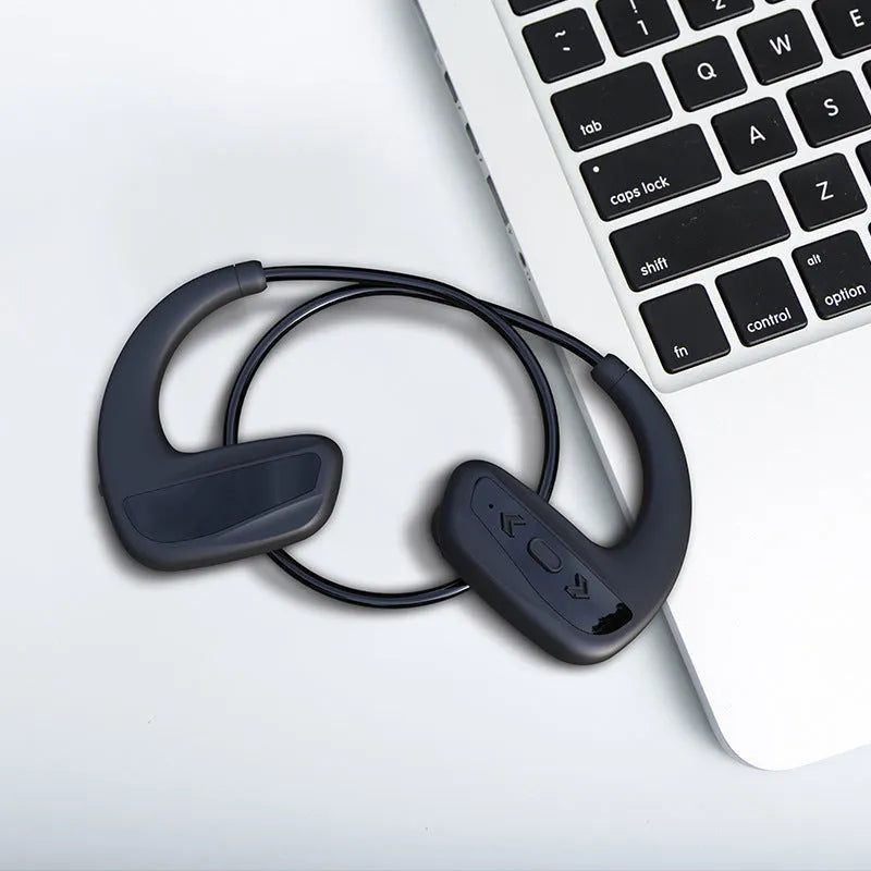 Black swimming headphones with head-mounted design for aquatic and running sports use
