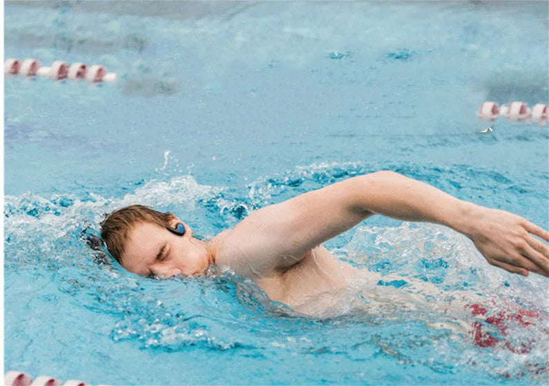 Black swimming headphones with head-mounted design for aquatic and running sports use