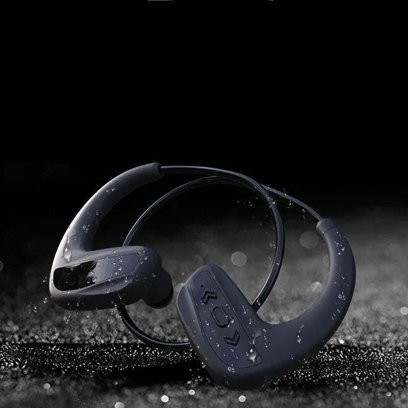 Black swimming headphones with head-mounted design for aquatic and running sports use