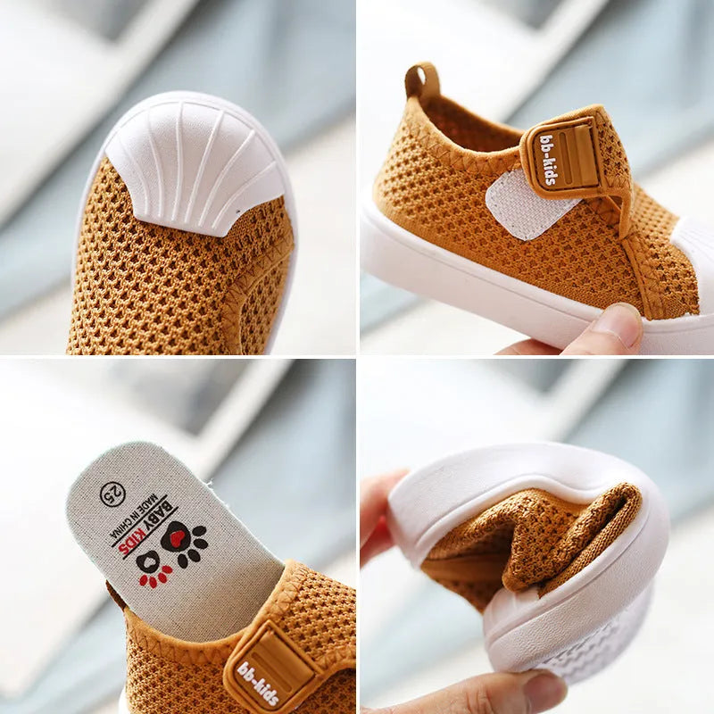 Children's striped casual sneakers with a soft PVC sole, shown in yellow, for toddler and kids sizes.