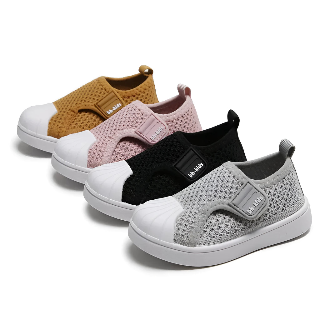 Children's striped casual sneakers with a soft PVC sole, shown in yellow, for toddler and kids sizes.