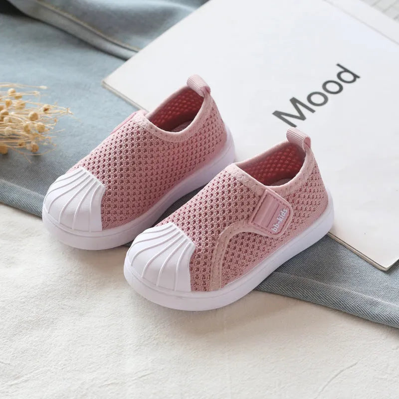 Children's striped casual sneakers with a soft PVC sole, shown in yellow, for toddler and kids sizes.