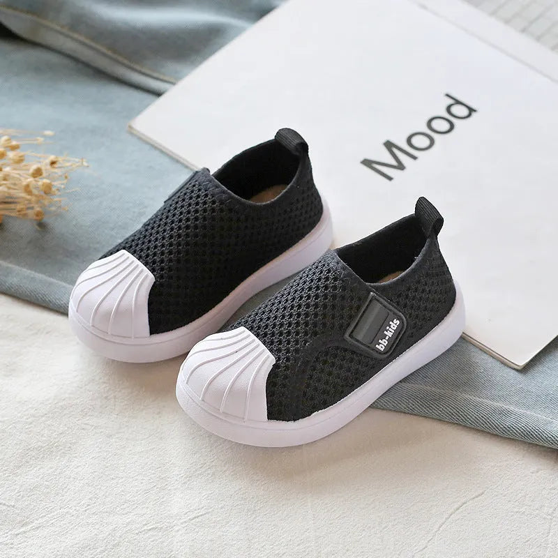 Children's striped casual sneakers with a soft PVC sole, shown in yellow, for toddler and kids sizes.