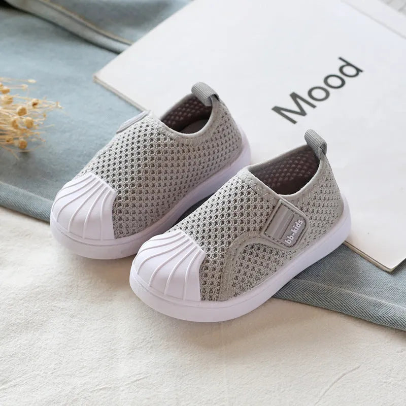 Children's striped casual sneakers with a soft PVC sole, shown in yellow, for toddler and kids sizes.